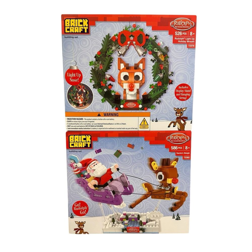 Brickcraft Rudolph Light Up Holiday Wreath 72376 and Santas Sleigh 72382 Sets